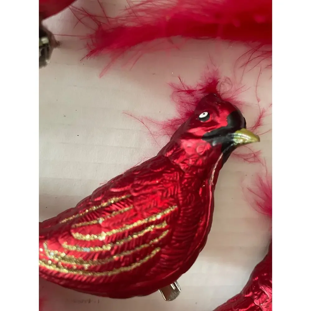 Lot of 12 Christmas Red Cardinal Feathered Clip-on Glass Ornaments Hand Painted
